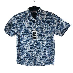 Rebel James & Charli Mens Button Down Shirt Tiger Print Cotton Blue White S